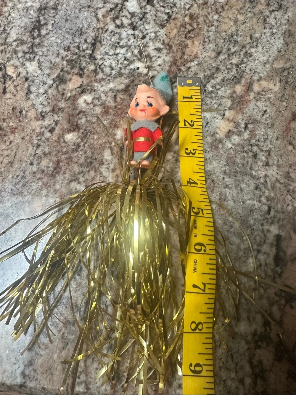 Vintage Elf Holiday Tinsel Ornament in Red, Gray, Gold